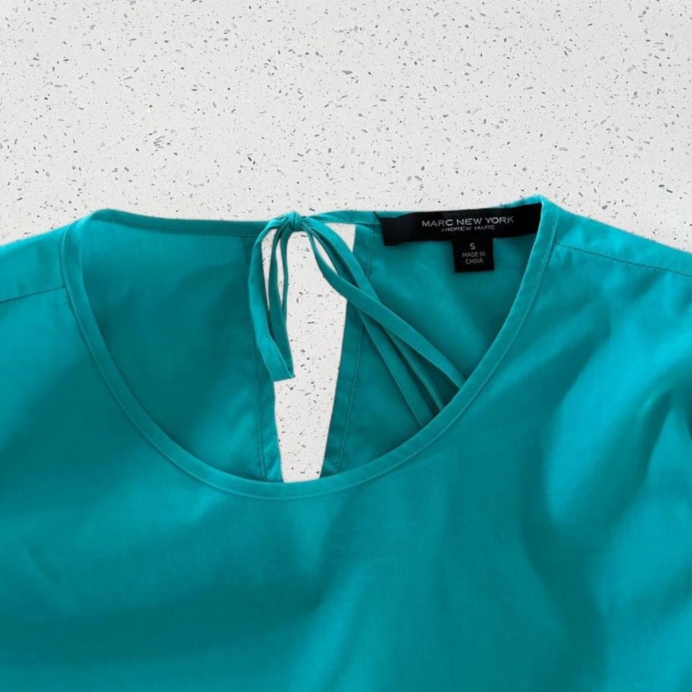 Marc New York Andrew Marc Teal Ruched Puff Sleeve Peplum Top Small Blouse - Picture 7 of 7